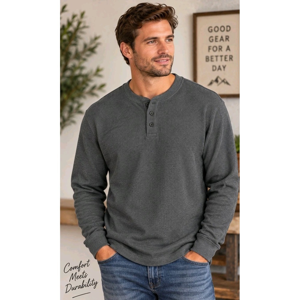 NWT St. Johns Bay Mens Super Soft Henley Thermal Sweater XL Gray/Knit Minimalist